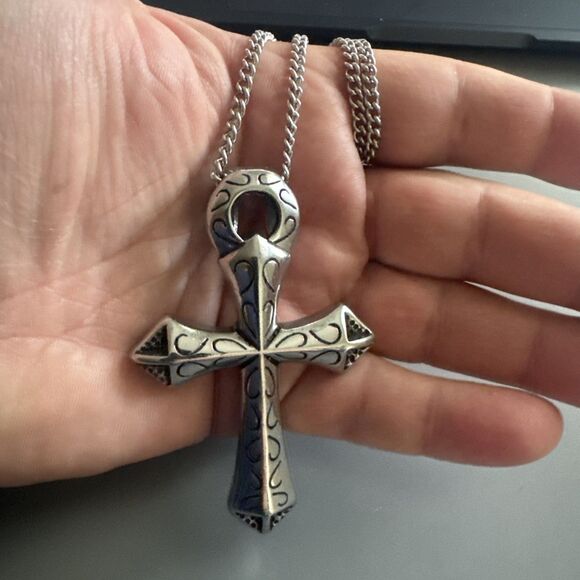 Mens Large Silver Ankh Cross Symbol Of Life Stainless Steel Pendant Necklace - Picture 5 of 6